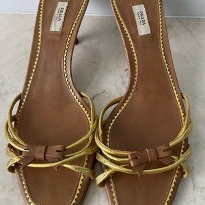 Prada slides in good condition size 38 brown with gold accents heeled sandal